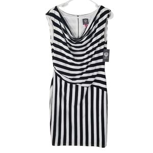 NWT Vince Camuto Black/White Stripe Shift Dress Size 10 Asymmetrical Sleeveless